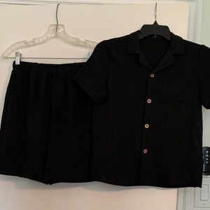 Black Two-Piece Short Set - Button Front Top and Elastic Waist Shorts